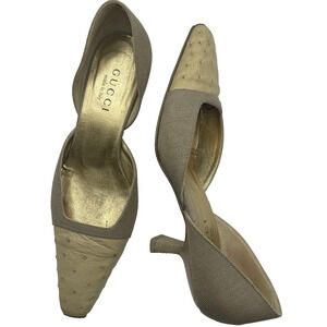GUCCI Size 6.5 Leather Canvas Kitten Heels D'Orsay Tan Neutral Vintage Y2K